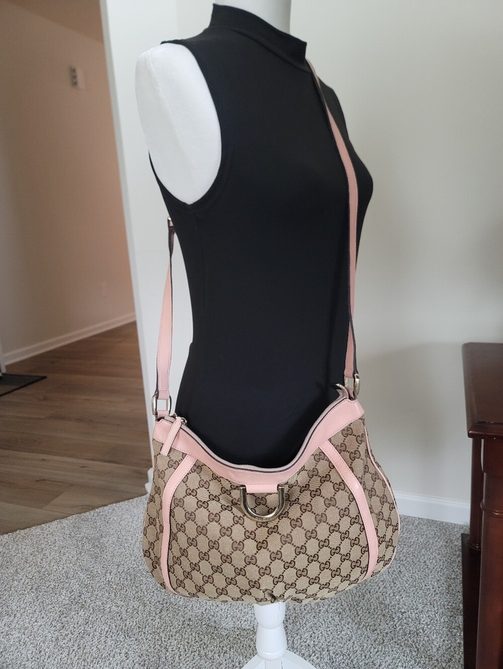 Gucci Brown GG Canvas Abbey D-Ring Crossbody Bag Pink Beige Leather Cloth Pony